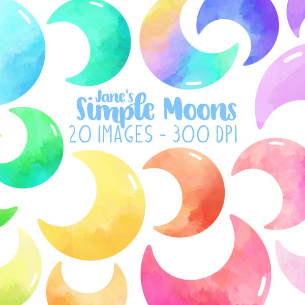 Watercolor Moons Clipart - Moon Shapes Download - Instant Download - Cute Moons - Squishy - Shiny - Gummy - Colorful - Rainbow