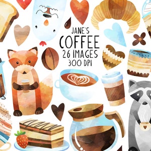 May include: A watercolor illustration set of 26 images featuring coffee-themed items, including a coffee pot, mugs, a fox holding a cup of coffee, a raccoon holding a cup of coffee, a croissant, a slice of cake, and a snowman. The text "JANE'S COFFEE 26 IMAGES 300 DPI" is included in the image.