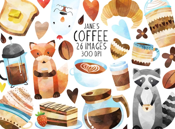 Watercolor Coffee Clipart: Fox, Raccoon, Frappuccino (Instant Download)