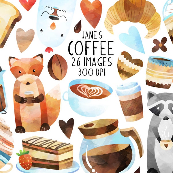 Watercolor Coffee Clipart - Coffee Lovers Download - Instant Download - Fox - Raccoon - Chicken - Frappuccino - Cup of Coffee - French Press