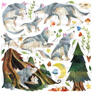 May include: Watercolor illustration of a family of wolves in a forest setting. The wolves are depicted in various poses, including standing, sitting, and lying down. The illustration features a variety of forest elements, such as trees, flowers, and mushrooms.