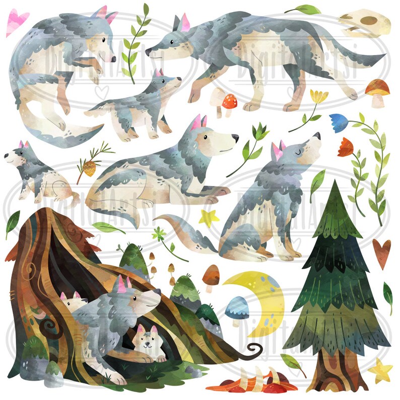 May include: Watercolor illustration of a family of wolves in a forest setting. The wolves are depicted in various poses, including standing, sitting, and lying down. The illustration features a variety of forest elements, such as trees, flowers, and mushrooms.