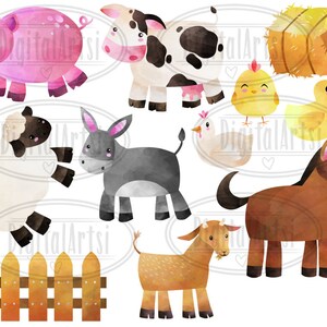 May include: Watercolor illustrations of farm animals, including a pig, cow, donkey, sheep, horse, goat, chicken, and duck. The animals are all in a cartoon style and have bright colors. There is also a hay bale and a wooden fence.