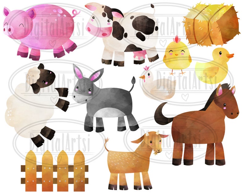 May include: Watercolor illustrations of farm animals, including a pig, cow, donkey, sheep, horse, goat, chicken, and duck. The animals are all in a cartoon style and have bright colors. There is also a hay bale and a wooden fence.
