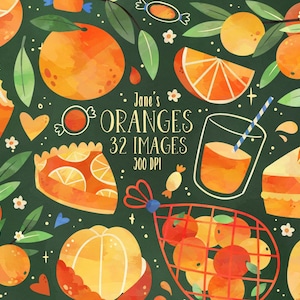 Aquarell Orangen Clipart - Obst Download - Sofortiger Download - Kuchen, Torte, Zweige, Handbemalt