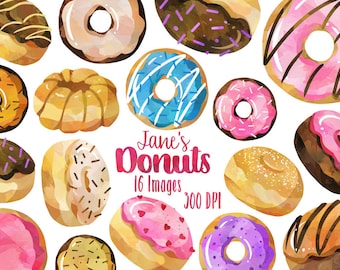 Watercolor Donut Clipart - Pastry Download - Instant Download - Breakfast - Junk Food - Sweets