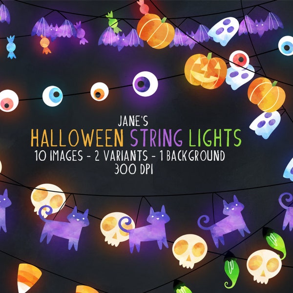 Watercolor Halloween String Lights Clipart - Instant Download - Hanging Lights - Fairy Lights - Pumpkins - Bats - Cats - Skulls