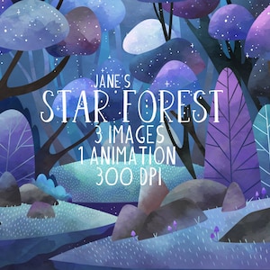 Aquarel Star Forest-clipart - omgeving downloaden - directe download - bosscène - fantasiebos - avontuur - bos - handgetekende