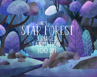 Watercolor Star Forest Clipart - Environment Download - Instant Download - Forest Scene - Fantasy forest - Adventure - Woodland