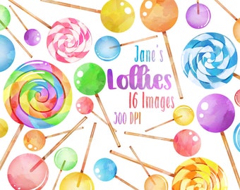 Watercolor Lollipops Clipart - Candy Download - Instant Download - Sugary Sweets - Desserts - Lollipop Fundraiser - Rainbow Lollies