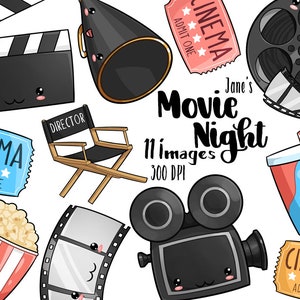 Clipart de noche de película kawaii - Descarga de gráficos de películas lindas - Rollo de película - Palomitas de maíz - Refresco - Entradas de cine - Claqueta - ¡y más!