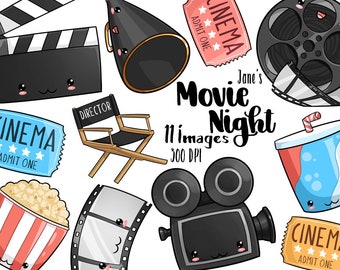 Kawaii Movie Night Clipart - Cute Movie Graphics Download - Film Reel - Popcorn - Soda - Movie Tickets - Clapperboard - and more!