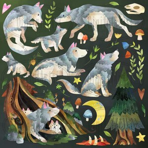 May include: A digital illustration of a family of wolves in a forest setting. The wolves are depicted in various poses, including standing, sitting, and lying down. The background features trees, flowers, and other woodland elements.