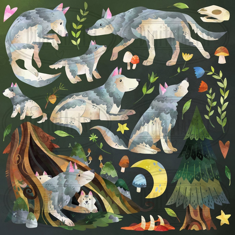 May include: A digital illustration of a family of wolves in a forest setting. The wolves are depicted in various poses, including standing, sitting, and lying down. The background features trees, flowers, and other woodland elements.
