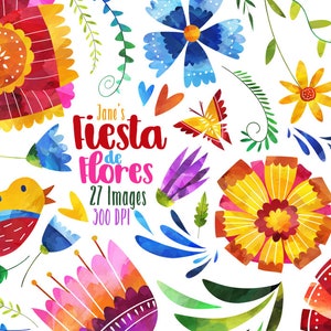 Watercolor Fiesta Flowers Clipart - Mexican Folk Flowers Download - Instant Download - Fiesta - Otomi Inspired - Floral - Flores - Bird