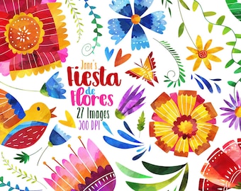 Watercolor Fiesta Flowers Clipart - Mexican Folk Flowers Download - Instant Download - Fiesta - Otomi Inspired - Floral - Flores - Bird