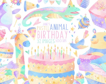 Watercolor Birthday Animals Clipart - Party Graphics - Digital Download - Pastel Birthday - Rainbow Birthday - Whimsical Animals