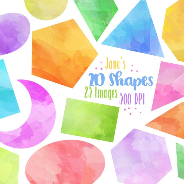 Watercolor 2D Shapes Clipart - Shapes Download - Instant Download - Circle - Triangle - Square - Heart - Octogon - Oval - and more!