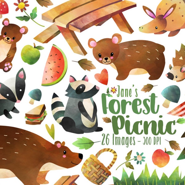 Watercolor Forest Animals Picnic Clipart - Forest Items Download - Instant Download - Cute Critters  Skunk - Bears - Hedgehog - Raccoon