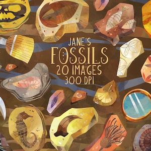 Peut inclure: Illustration numérique de fossiles variés, dont un crâne de dinosaure, un hippocampe et des empreintes d'insectes, dans des tons de jaune, marron et orange. Le texte "Jane's Fossils 20 Images 300 DPI" est affiché au centre.