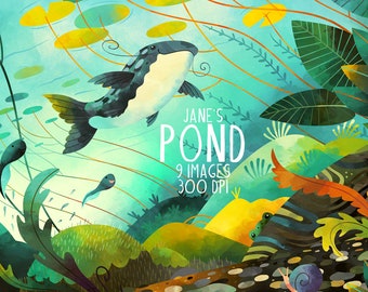 Watercolor Pond Clipart - Environment Download - Instant Download - Pond Scene - River - Ecosystem - Aquatic - Animals - Creek