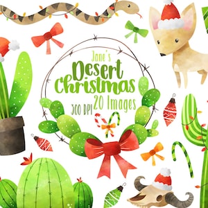 Clipart navideño de acuarela del desierto - Clipart navideño - Descarga instantánea - Cactus - Zorro del desierto - Serpiente de cascabel - Cactus navideño - Regalos