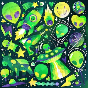 Puede incluir: Una ilustraci&oacute;n de acuarela con tem&aacute;tica de extraterrestres verdes con un cohete, una nave espacial, cabezas de extraterrestres y una vaca con manchas. El fondo es verde oscuro con estrellas blancas.
