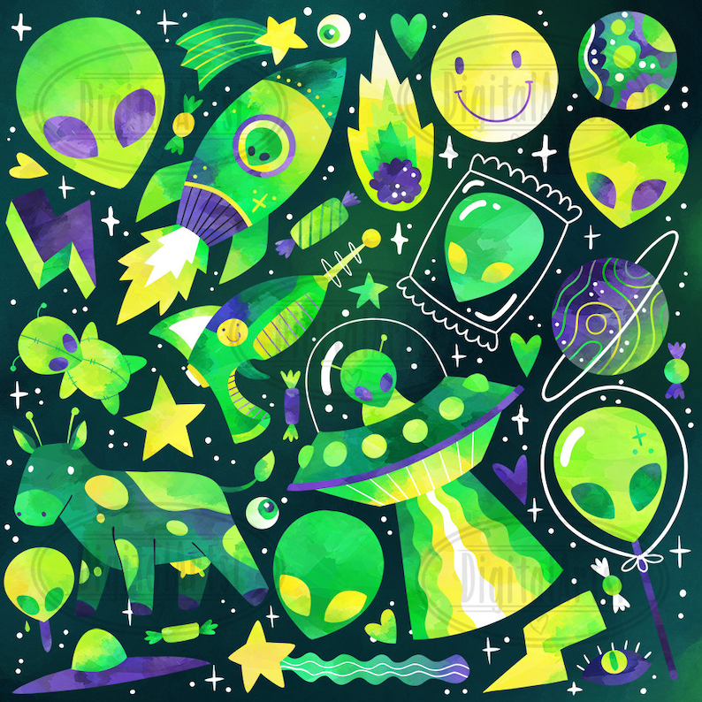 Puede incluir: Una ilustraci&oacute;n de acuarela con tem&aacute;tica de extraterrestres verdes con un cohete, una nave espacial, cabezas de extraterrestres y una vaca con manchas. El fondo es verde oscuro con estrellas blancas.