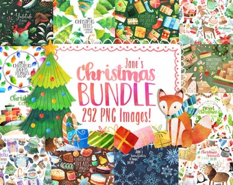 Watercolor Christmas Clipart Bundle: Animals, Snowflakes, Lights (Digital Download, Hand Drawn)