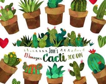 Watercolor Cactus Clipart: Potted Succulents, Desert Plants (PNG, Digital Download)