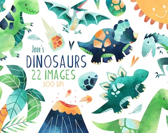 Watercolor Dinosaurs Clipart - Dinosaur Species Download - Instant Download - T-Rex - Stegosaurus - Triceratops - Raptor - Pterodactyl