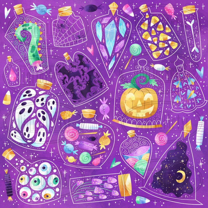 May include: A purple background with 14 different glass jars filled with various objects. The jars are outlined in white and have a whimsical, cartoon-like style. Some of the objects include candy, crystals, a pumpkin, and a ghost.