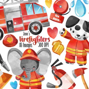 Aquarel brandweerlieden clipart - brandweerwagen downloaden - directe download - brandweerlieden - dieren - brandblusser - commercieel gebruik