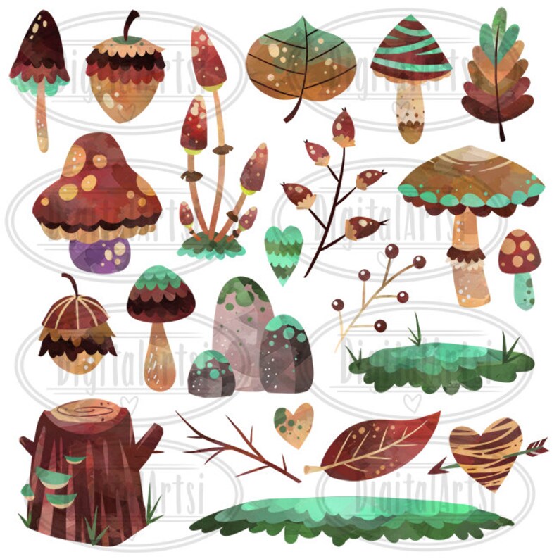 Watercolor Woodland Plants Clipart Woodland Mushroom Items Etsy