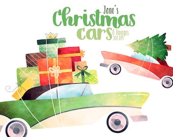 Watercolor Christmas Cars Clipart - Christmas Clipart - Instant Download - Christmas Cars - Holiday Cars - Vehicles - Christmas Tree