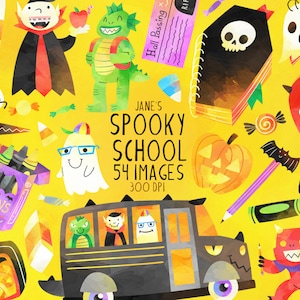 Może przedstawiać: Zestaw 54 cyfrowych obrazów z ilustracjami w stylu szkoły straszydeł. Obrazy przedstawiają ducha w okularach, wampira, potwora, dynię, autobus szkolny i nietoperza. Obrazy są w stylu akwarelowym i idealnie nadają się do tworzenia rękodzieła, kartek i zaproszeń na Halloween.