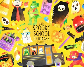 May include: A set of 54 digital images featuring spooky school-themed illustrations. The images include a ghost wearing glasses, a vampire, a monster, a pumpkin, a school bus, and a bat. The images are in a watercolor style and are perfect for creating Halloween-themed crafts, cards, and invitations.