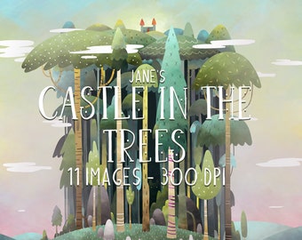 Könnte beinhalten: Eine digitale Illustration eines fantasievollen Schlosses, eingebettet in einen Wald aus hohen, bunten Bäumen. Der Text "Jane's Castle in the Trees 11 Images - 300 DPI" wird unter dem Bild angezeigt.