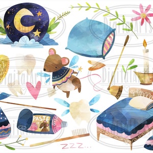 May include: Watercolor illustration of a tooth fairy with wings, a wand, and a tooth. The illustration also includes a bed, a pillow, a nightlight, a toothbrush, toothpaste, and a coin. The text "ZZZ..." is written in the bottom right corner of the image.