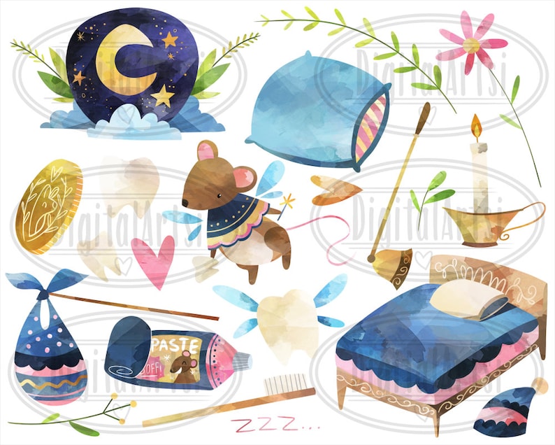 May include: Watercolor illustration of a tooth fairy with wings, a wand, and a tooth. The illustration also includes a bed, a pillow, a nightlight, a toothbrush, toothpaste, and a coin. The text "ZZZ..." is written in the bottom right corner of the image.