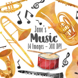 Aquarel muziekinstrumenten clipart - orkest downloaden - directe download - koperblazers - houtblazers - trompet - gitaar - piano