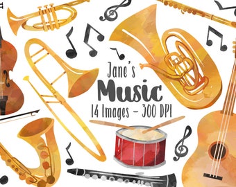 Watercolor Musical Instruments Clipart - Orchestra Download - Instant Download - Brass - Woodwind - Trumpet - Guitar - Piano