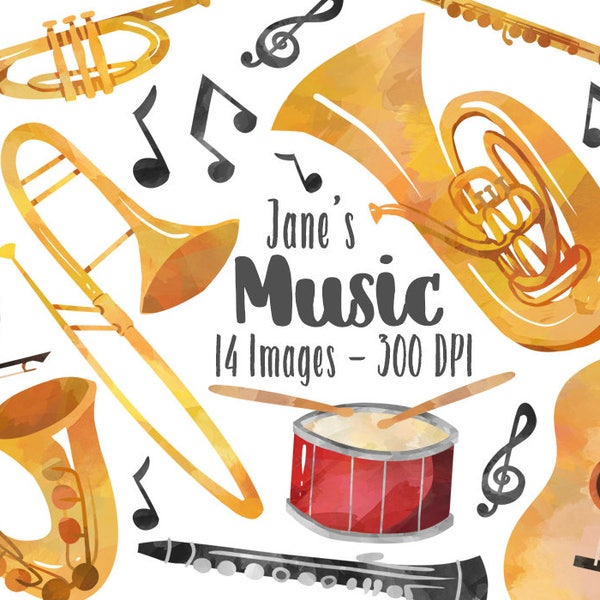 Watercolor Musical Instruments Clipart - Orchestra Download - Instant Download - Brass - Woodwind - Trumpet - Guitar - Piano