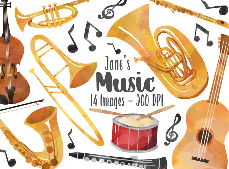 Watercolor Musical Instruments Clipart - Orchestra Download - Instant Download - Brass - Woodwind - Trumpet - Guitar - Piano