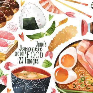 Watercolor Japanese Food Clipart: Sushi, Ramen, Tempura (Digital Download, Human Made)