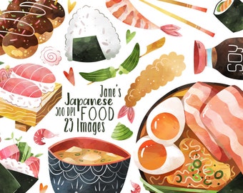 Könnte beinhalten: Eine Sammlung von Aquarell-Illustrationen japanischer Speisen, darunter Sushi, Ramen, Tempura und Onigiri. Die Illustrationen sind im Cartoon-Stil gehalten und eignen sich perfekt für die Verwendung in digitalem Scrapbooking, Kartenherstellung oder anderen kreativen Projekten. Jane's Japanese Food 300 DPI 23 Images