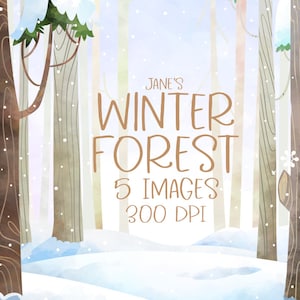 Aquarelle forêt hiver Clipart - environnement - téléchargement immédiat - scène enneigée - fond hiver - environnement froid - Noël