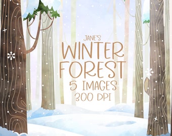 Watercolor Winter Forest Clipart: Snowy Scene Graphics (Digital Download)