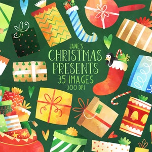 Watercolor Christmas Presents Clipart - Presents Download - Instant Download - Gifts - Gift Bag - Candy Cane - Peppermint Candy