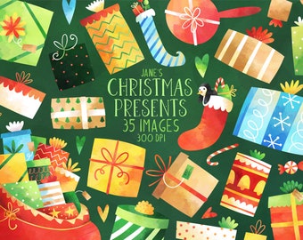 Watercolor Christmas Presents Clipart - Presents Download - Instant Download - Gifts - Gift Bag - Candy Cane - Peppermint Candy